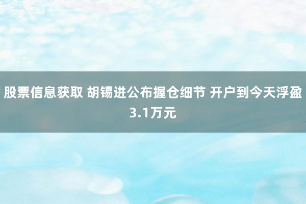 股票信息获取 胡锡进公布握仓细节 开户到今天浮盈3.1万元