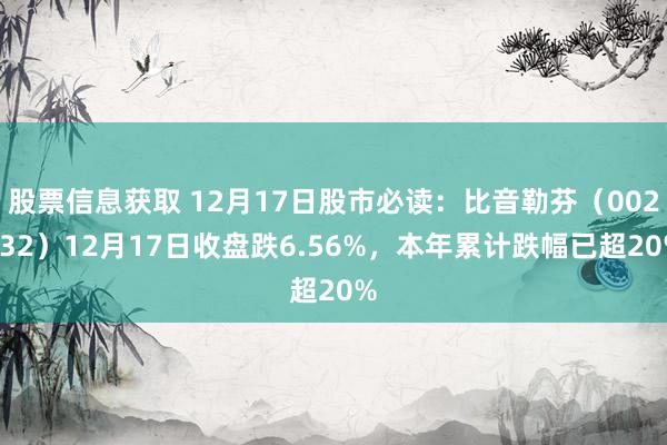 股票信息获取 12月17日股市必读：比音勒芬（002832）12月17日收盘跌6.56%，本年累计跌幅已超20%