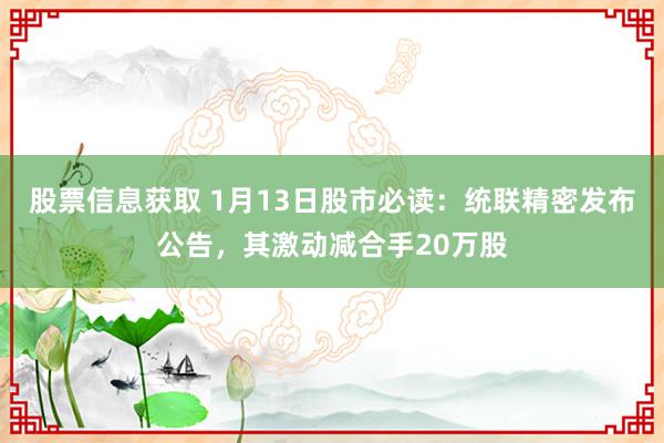 股票信息获取 1月13日股市必读：统联精密发布公告，其激动减合手20万股